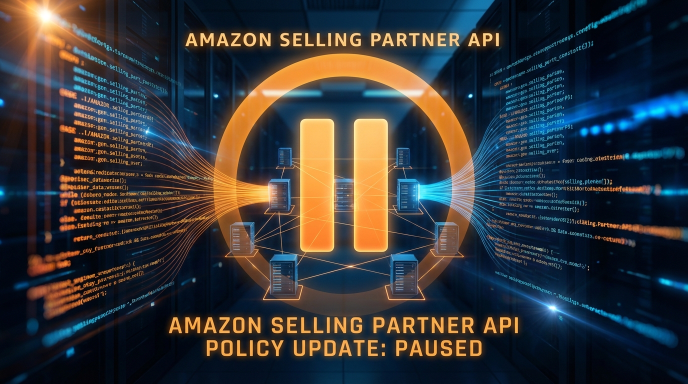 Amazon SP-API fee pause announcement — glowing marketplace interface with API code streams and pause symbol overlay