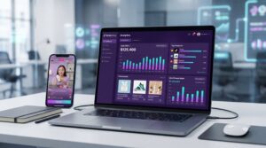 TikTok Shop analytics dashboard on laptop with live shopping stream on smartphone