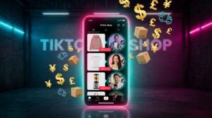 TikTok Shop glowing storefront concept with product feeds, creator videos, and e-commerce elements on a dramatic neon background