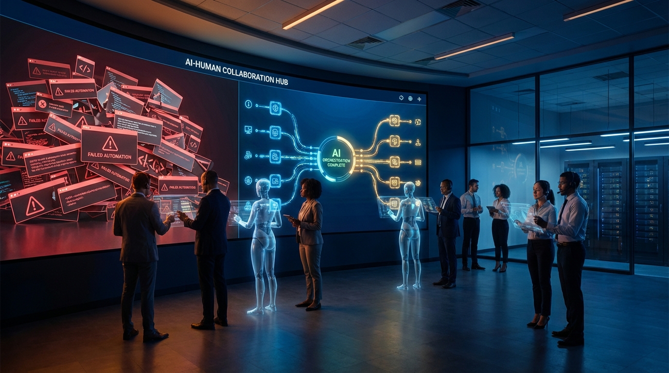 Human workers and AI systems collaborating on a digital workflow dashboard showing the contrast between failed automation attempts and a clean orchestrated AI pipeline