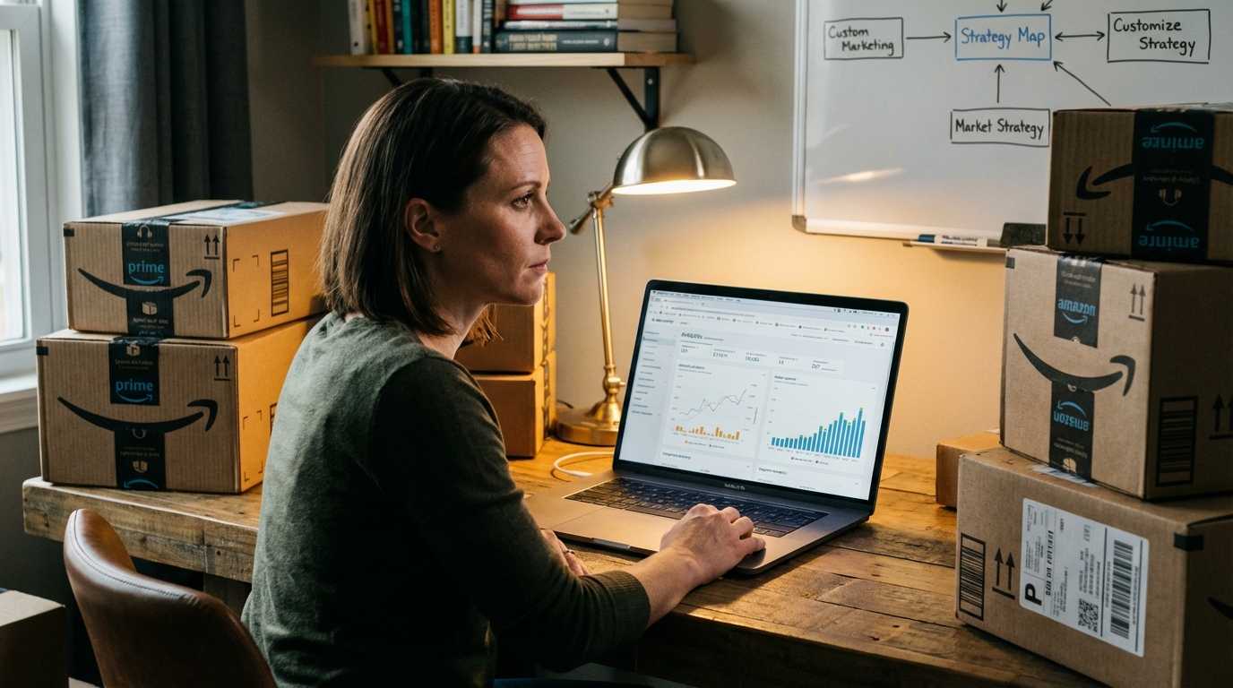 A determined Amazon seller at a modern home office desk surrounded by product boxes, laptop showing analytics dashboards, representing smart business strategy and resilience