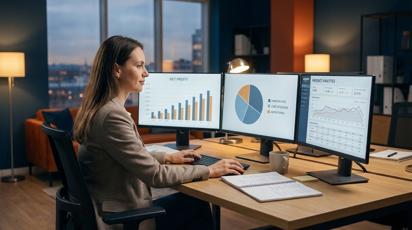 Amazon seller reviewing financial charts and product analytics dashboards on multiple screens in a modern office