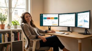 Entrepreneur managing Amazon seller dashboards and financial analytics at a modern home office desk