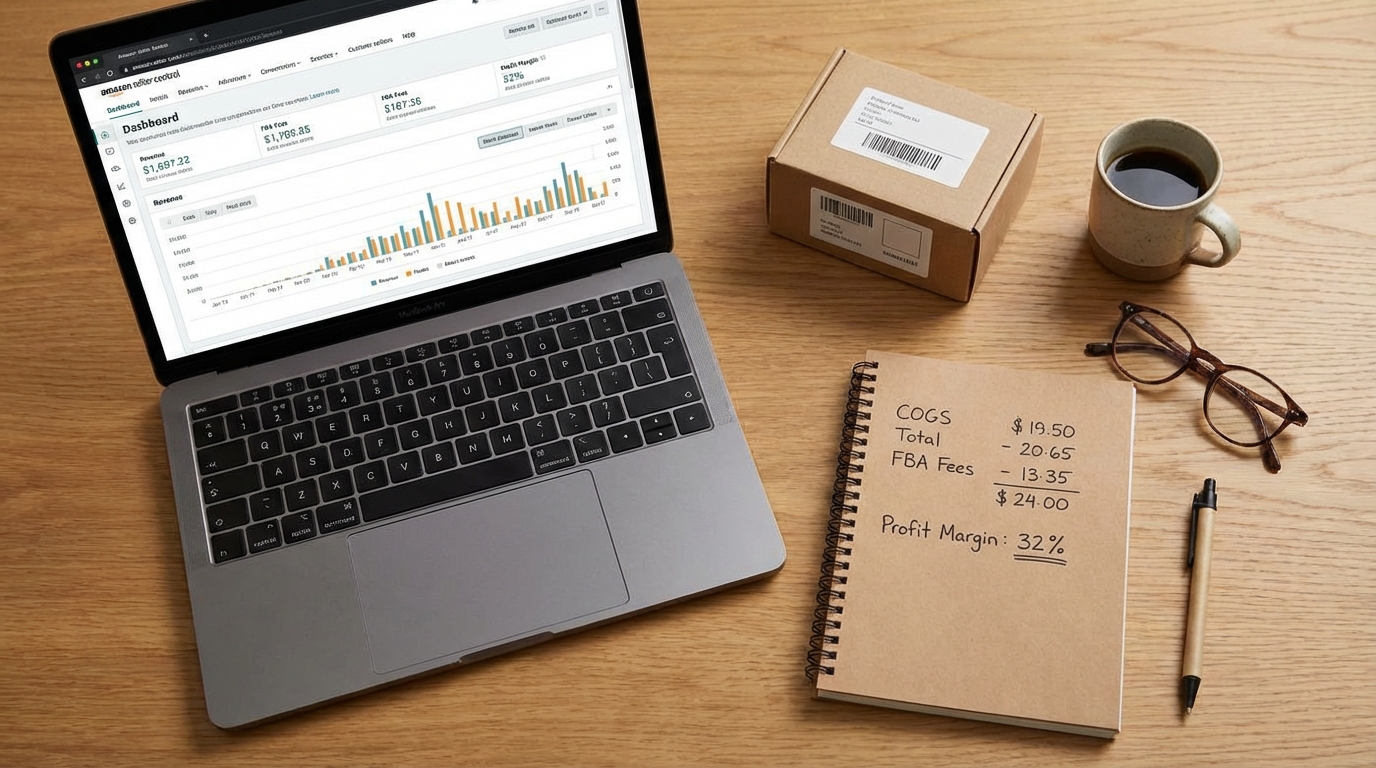 Amazon seller workspace with laptop showing analytics dashboard, margin calculations notebook, and product packaging on a wooden desk