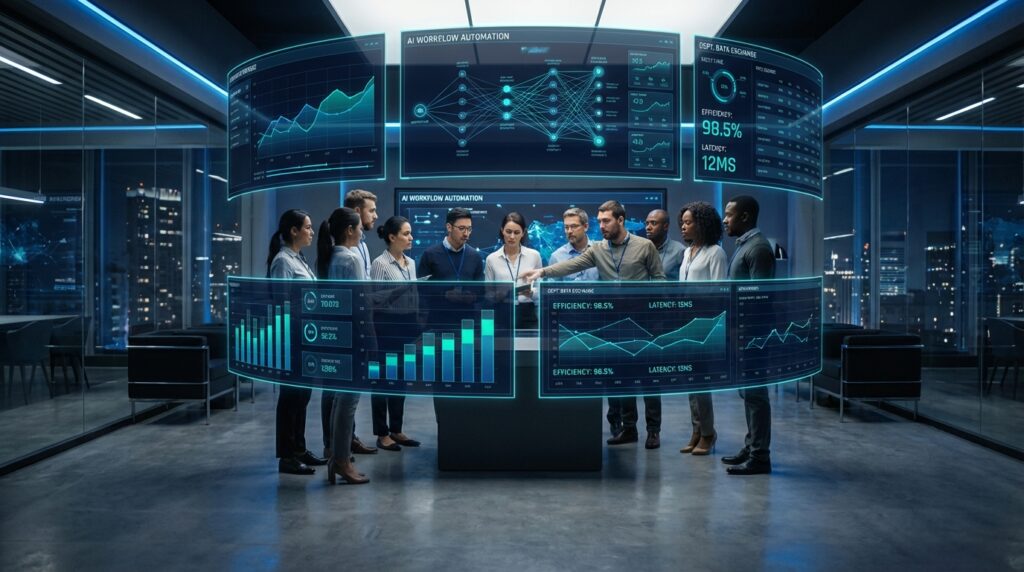 Corporate AI automation command center with holographic dashboards and real-time department metrics
