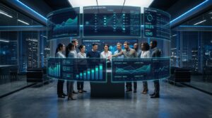 Corporate AI automation command center with holographic dashboards and real-time department metrics