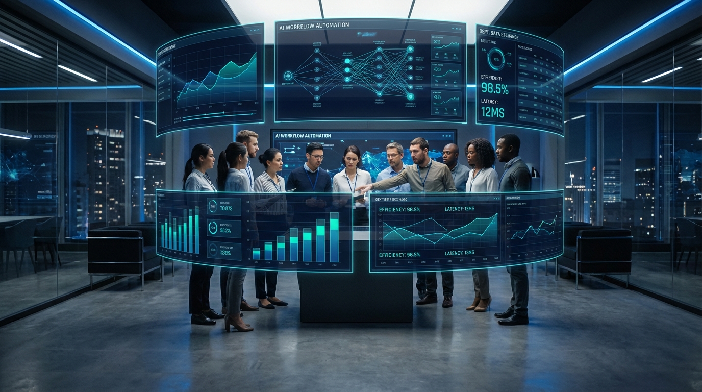 Corporate AI automation command center with holographic dashboards and real-time department metrics