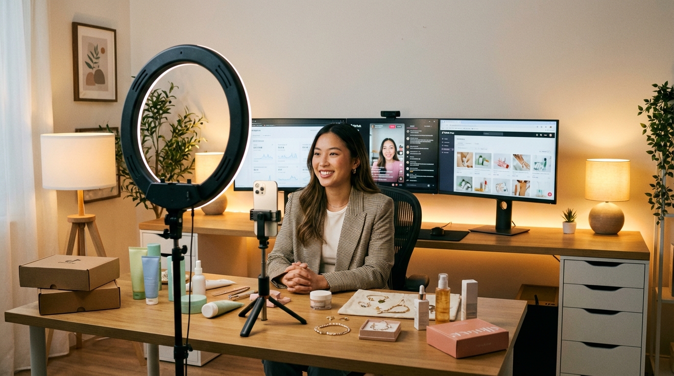 Entrepreneur managing a TikTok Shop from a modern home studio with analytics screens and product displays