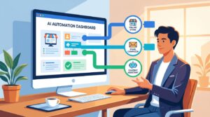 A non-technical entrepreneur confidently setting up an AI automation dashboard with drag-and-drop workflow blocks connecting icons for an online store, email, and chatbot