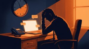 A frustrated small business owner staring at an unanswered phone and laptop, symbolizing creator ghosting after payment