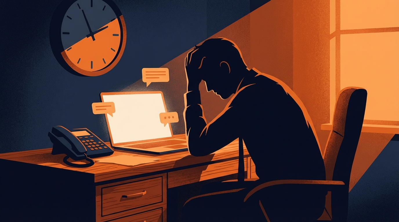 A frustrated small business owner staring at an unanswered phone and laptop, symbolizing creator ghosting after payment