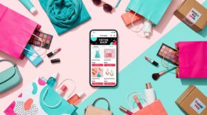 TikTok Shop storefront on a smartphone surrounded by colorful products, shopping bags, and small business packaging