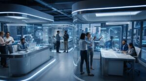 Futuristic modern office with digital holographic AI interfaces and professionals collaborating with AI systems