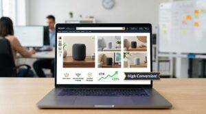 Amazon AI listing images on a laptop screen showing high conversion rate metrics and CTR improvements for e-commerce sellers