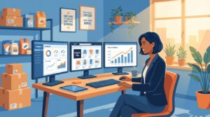 Amazon seller working at a desk with multiple screens showing e-commerce dashboards, sales analytics, and product listings in a bright home office