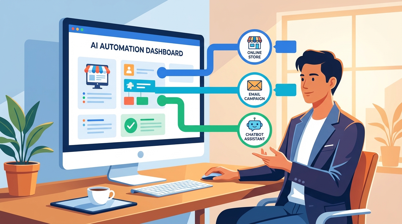A non-technical entrepreneur confidently setting up an AI automation dashboard with drag-and-drop workflow blocks connecting icons for an online store, email, and chatbot