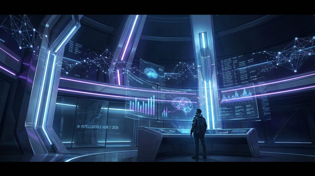 AI intelligence control room in 2026 with holographic screens and neural network visualizations