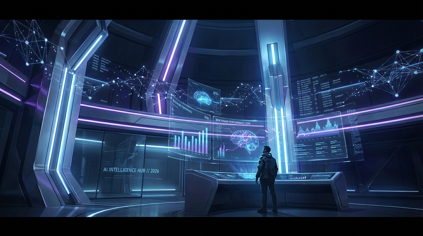 AI intelligence control room in 2026 with holographic screens and neural network visualizations