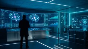 Futuristic intelligence operations room with trend graphs and neural network visualizations on multiple screens