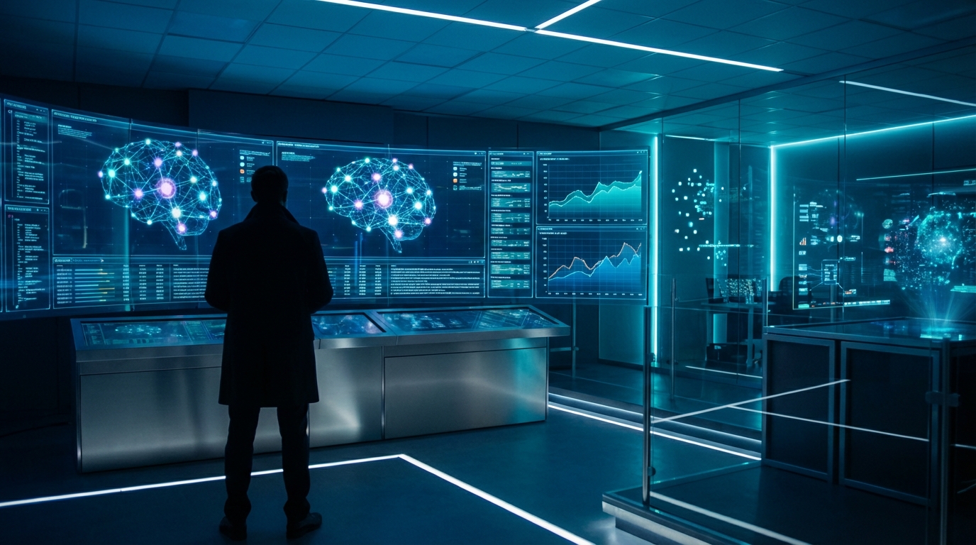 Futuristic intelligence operations room with trend graphs and neural network visualizations on multiple screens