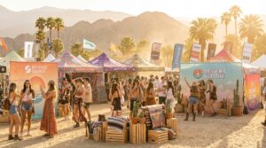 Vibrant desert festival brand activations and pop-up tents at Coachella with crowds of festival-goers