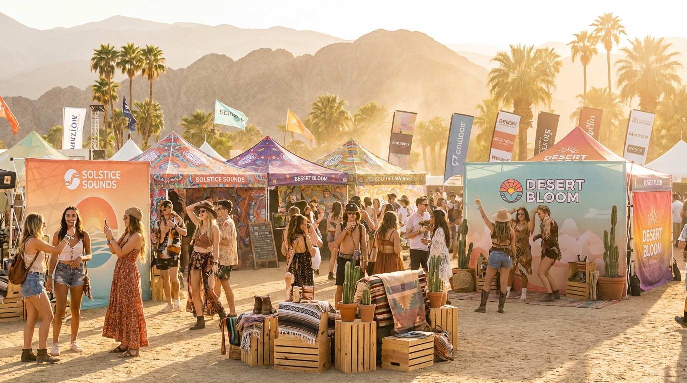 Vibrant desert festival brand activations and pop-up tents at Coachella with crowds of festival-goers