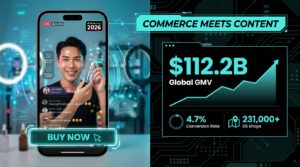TikTok Shop 2026 seller dashboard showing $112.2B global GMV, 4.7% conversion rate, and 231,000+ US shops alongside a live shopping stream