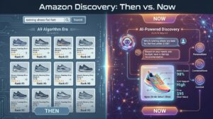 Amazon Discovery Then vs. Now — split-screen showing keyword search vs. Rufus AI conversational interface