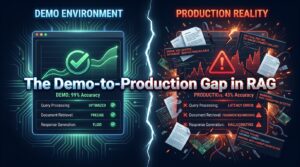The Demo-to-Production Gap in RAG — split screen showing high accuracy in demo vs failures in production
