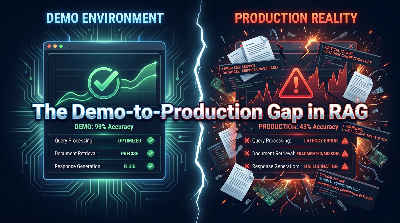 The Demo-to-Production Gap in RAG — split screen showing high accuracy in demo vs failures in production