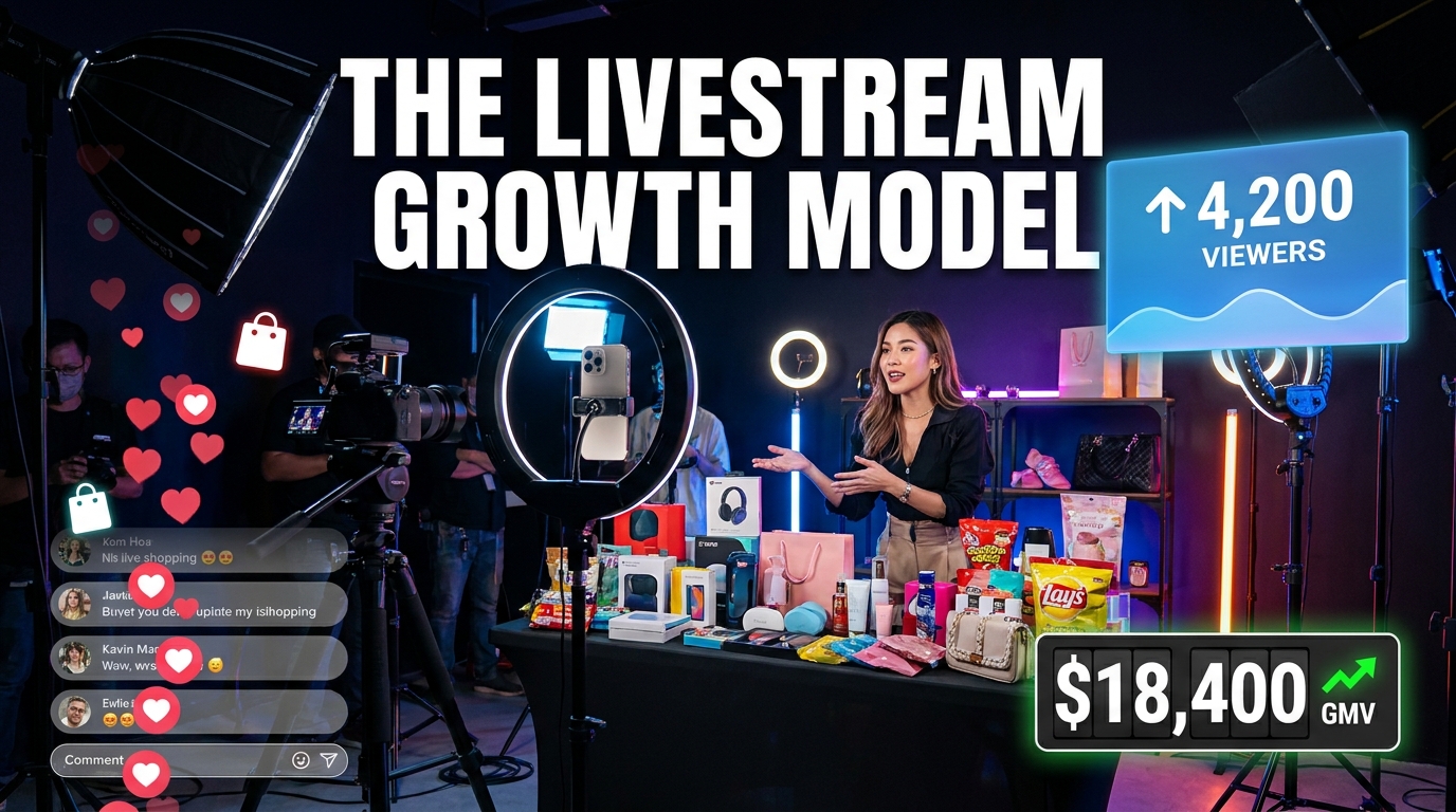 Professional TikTok Shop livestream studio with host, viewer count of 4,200, and live GMV counter — The Livestream Growth Model