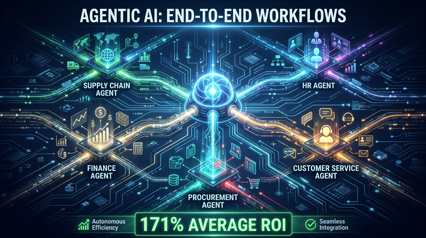 Agentic AI end-to-end workflows — network of autonomous AI agents orchestrating enterprise processes with 171% average ROI