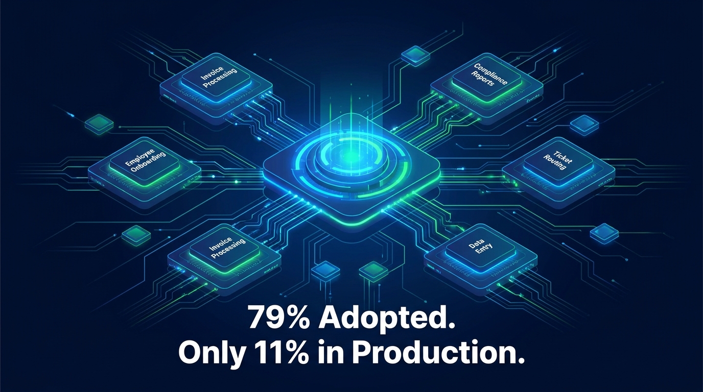 Agentic AI workflow network showing interconnected agents automating business tasks with the stat 79% Adopted Only 11% in Production