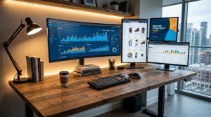 Amazon seller workspace with multiple monitors showing analytics dashboards, product listings, and brand strategy documents