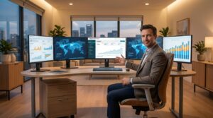 Amazon seller working across multiple dashboards showing analytics, product data, and global shipping routes in a modern office