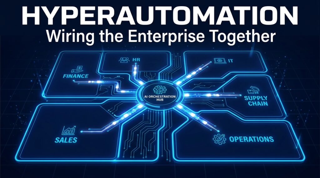 Hyperautomation enterprise departments connected by AI orchestration — wiring the organization together