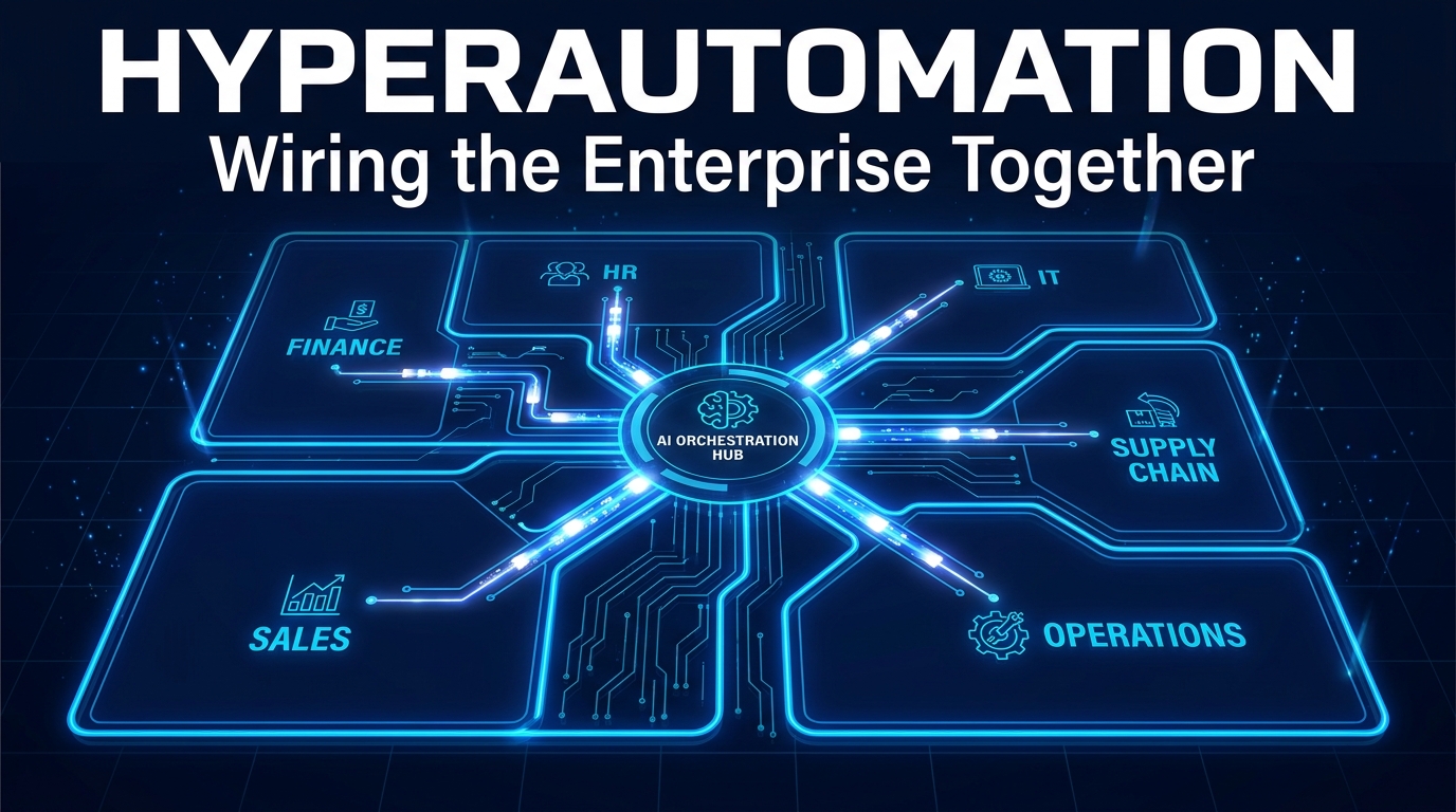 Hyperautomation enterprise departments connected by AI orchestration — wiring the organization together