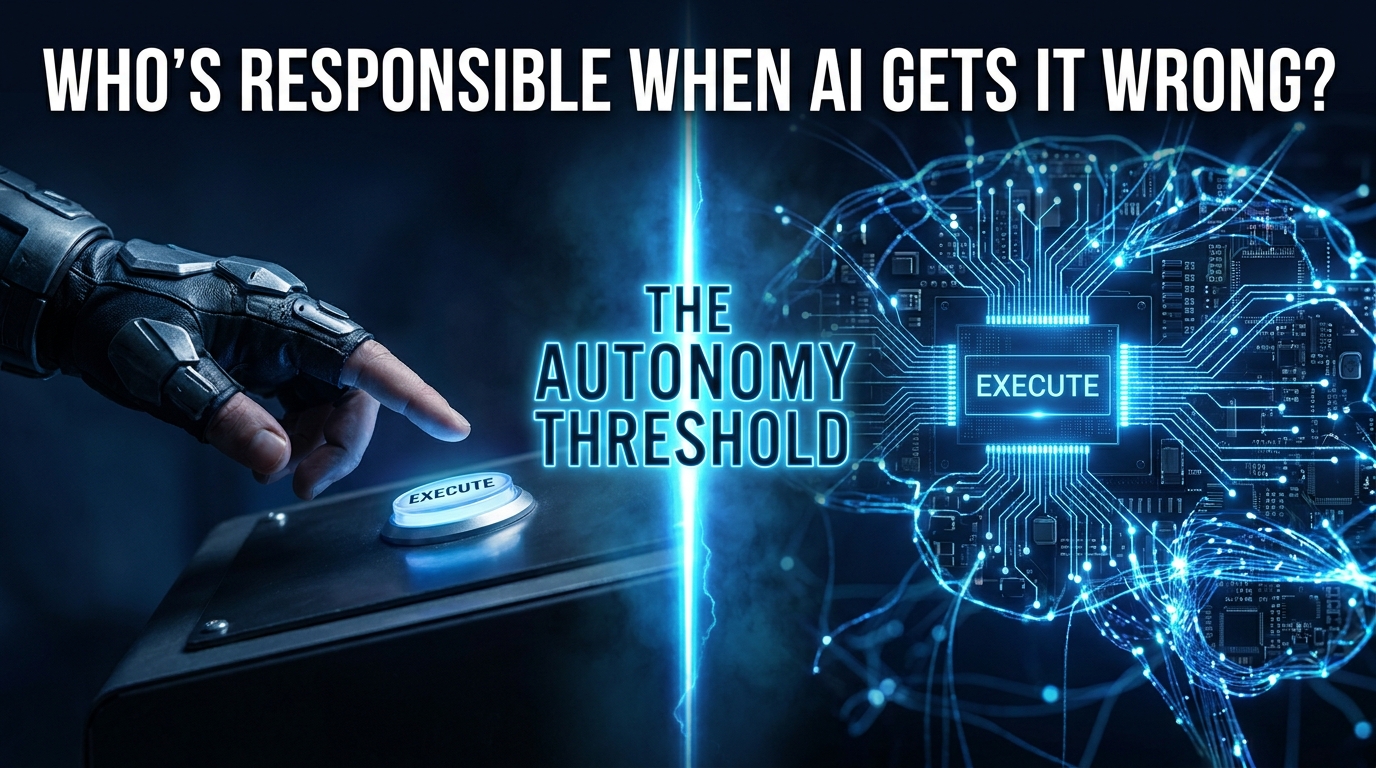 Split visualization of human vs AI decision-making at the autonomy threshold — who is responsible when AI gets it wrong?