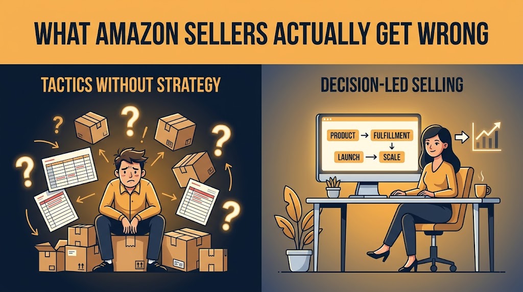 Split-screen showing two Amazon seller paths: tactics without strategy vs. decision-led selling