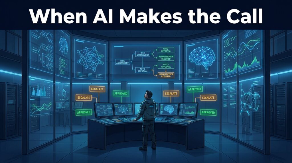 AI decision system command center with a human engineer monitoring autonomous decision streams on large screens