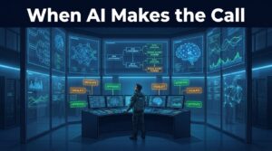 AI decision system command center with a human engineer monitoring autonomous decision streams on large screens