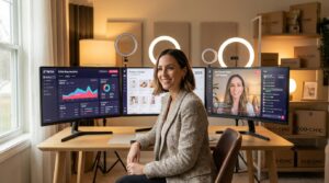 Entrepreneur managing TikTok Shop dashboard with analytics screens, product listings, and live stream stats in a modern home studio setup