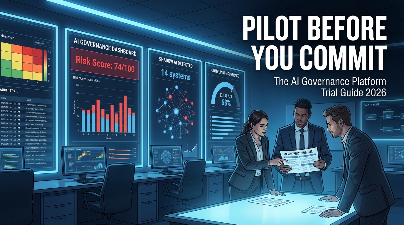 Enterprise AI governance platform pilot control room with risk dashboards and compliance metrics