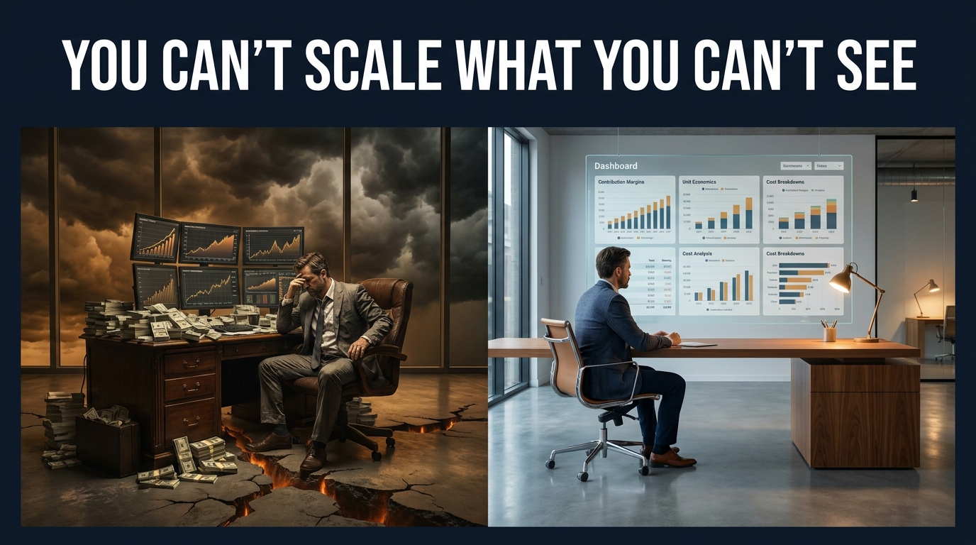 Split-screen showing revenue confusion on left versus clear profit visibility dashboard on right — You Can