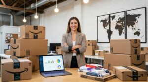 A confident brand owner in a modern e-commerce workspace with Amazon boxes, analytics dashboards, product packaging, and global market maps