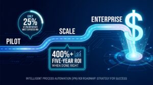 IPA ROI Roadmap infographic showing three phases: Pilot, Scale, and Enterprise, with stat callouts on ROI outcomes