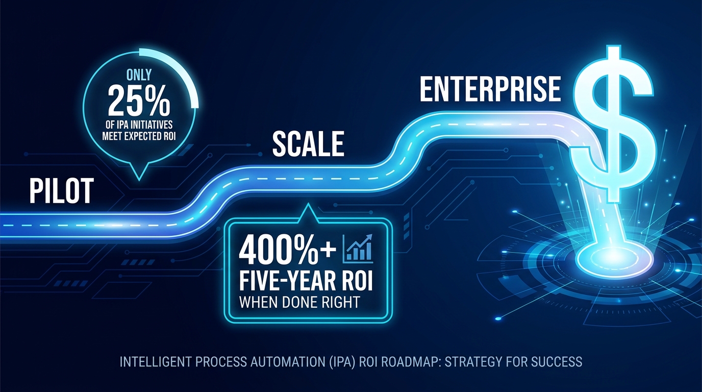 IPA ROI Roadmap infographic showing three phases: Pilot, Scale, and Enterprise, with stat callouts on ROI outcomes