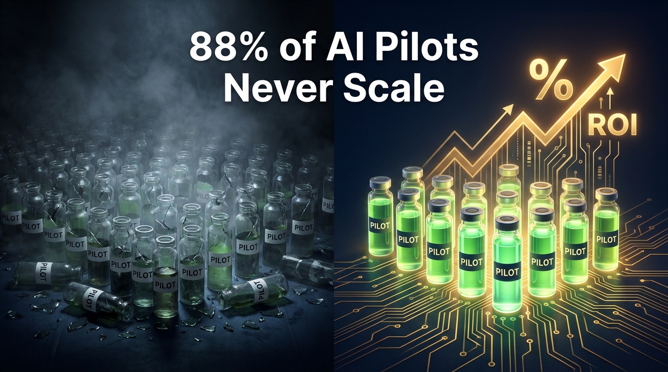 88% of AI Pilots Never Scale — enterprise AI ROI visualization showing pilot failure rates