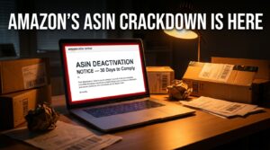 Amazon Seller Central showing an ASIN deactivation notice on a laptop screen surrounded by product boxes