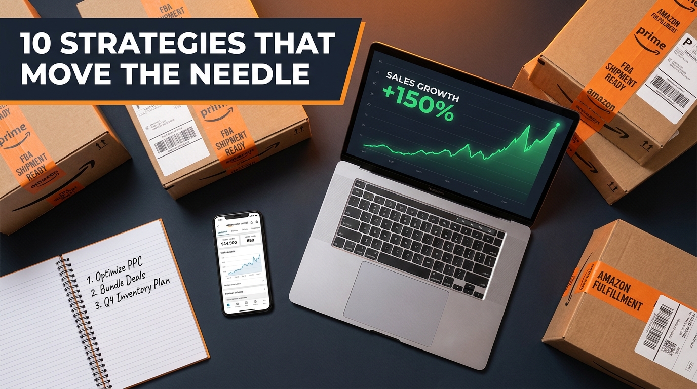 Amazon seller command center workspace with sales charts, FBA packages, and strategy notes - 10 strategies that move the needle in 2026